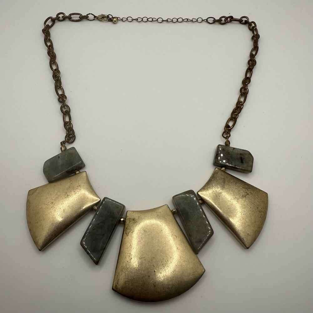 Stone Metal Necklace Bib Gold Tone Chain Egyptian Revival Adjustable up to 18”